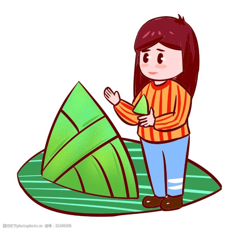 绿色的粽子端午节吃粽子的女孩手绘插画