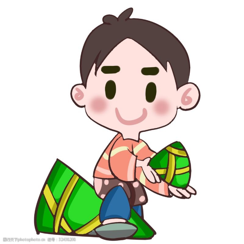 绿色的粽子端午节吃粽子的小男孩手绘插画
