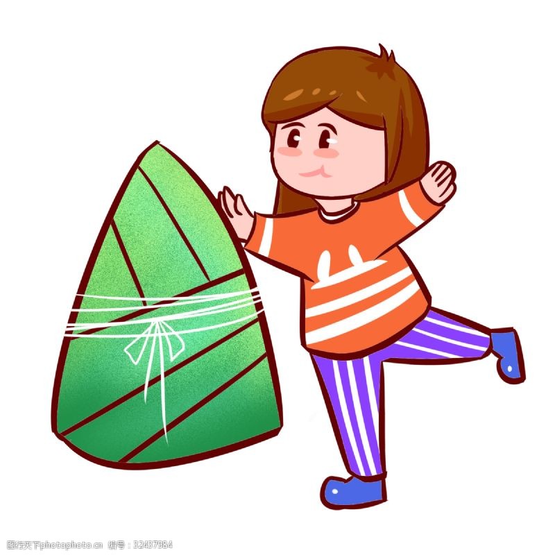 绿色的粽子端午节开心的女孩手绘插画