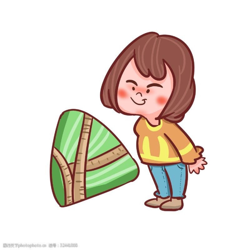 绿色的粽子端午节快乐的女孩手绘插画