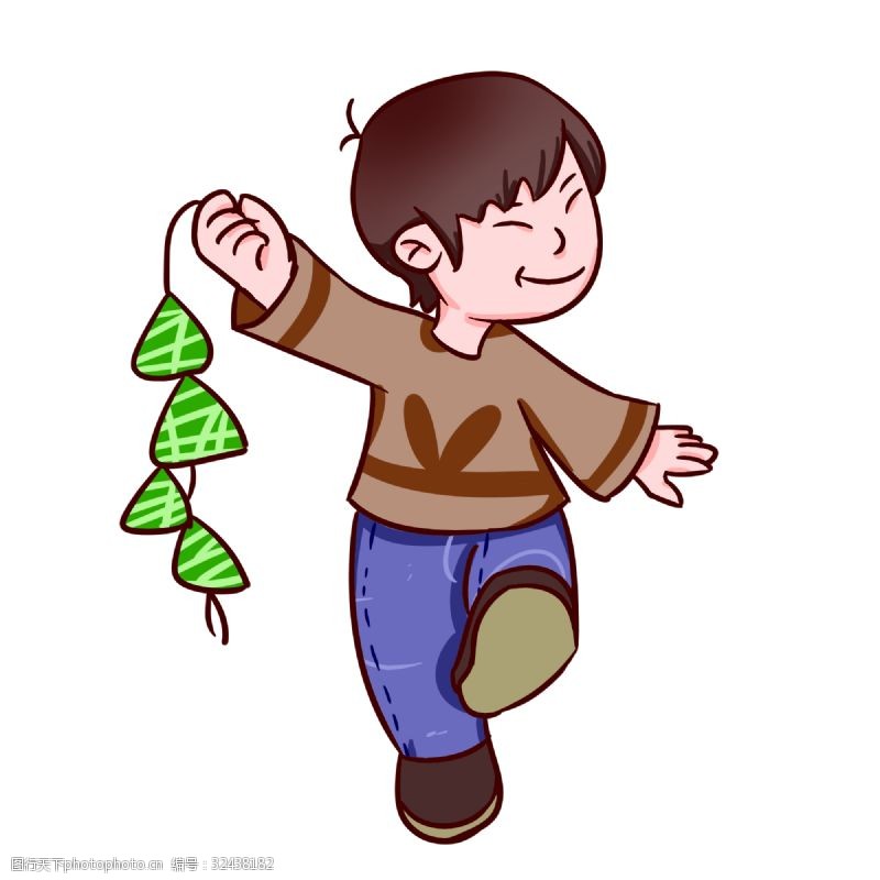 绿色的粽子端午节送粽子的男孩手绘插画