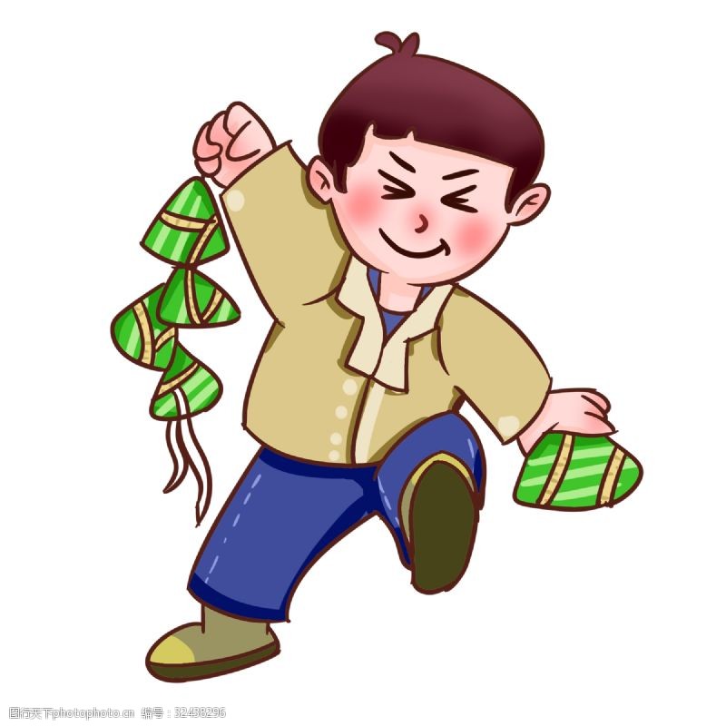 绿色的粽子端午节粽子节送粽子的男孩手绘插画