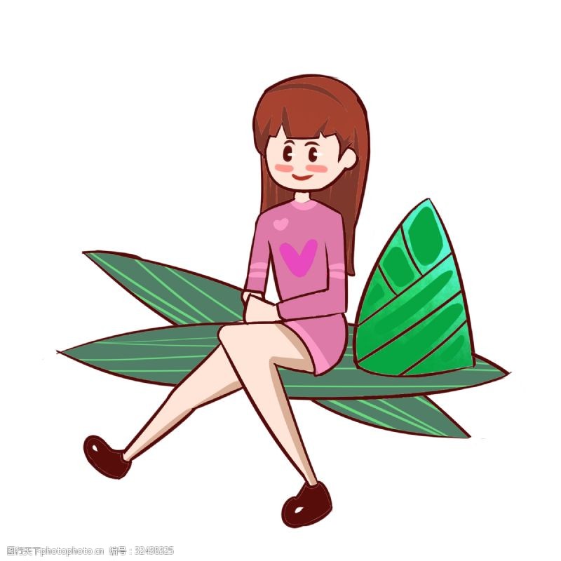 绿色的粽子端午节坐在粽子叶上的女孩手绘插画
