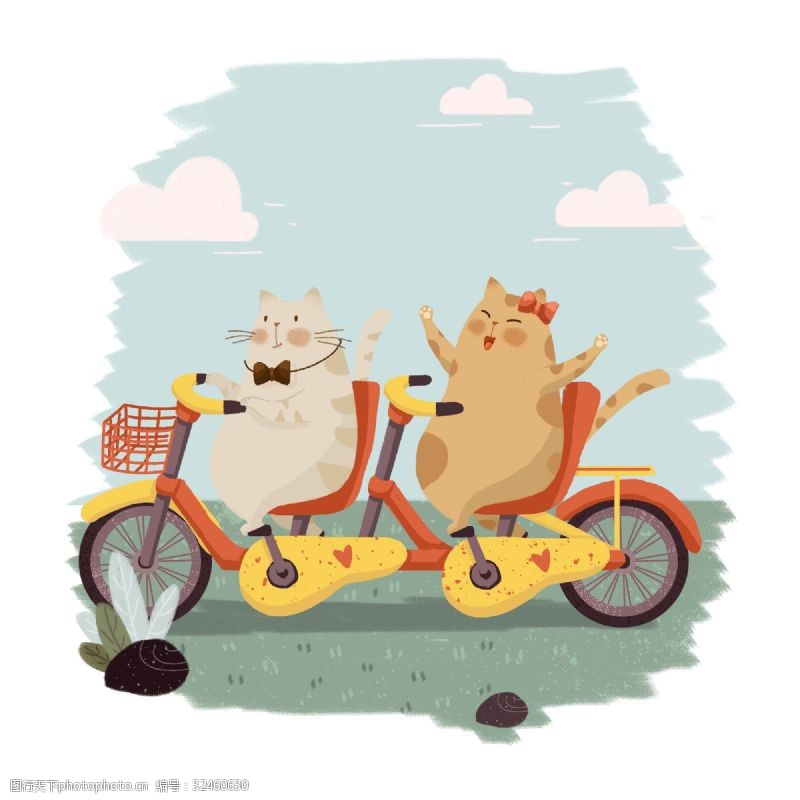 小猫骑车卡通春分节气猫咪骑自行车