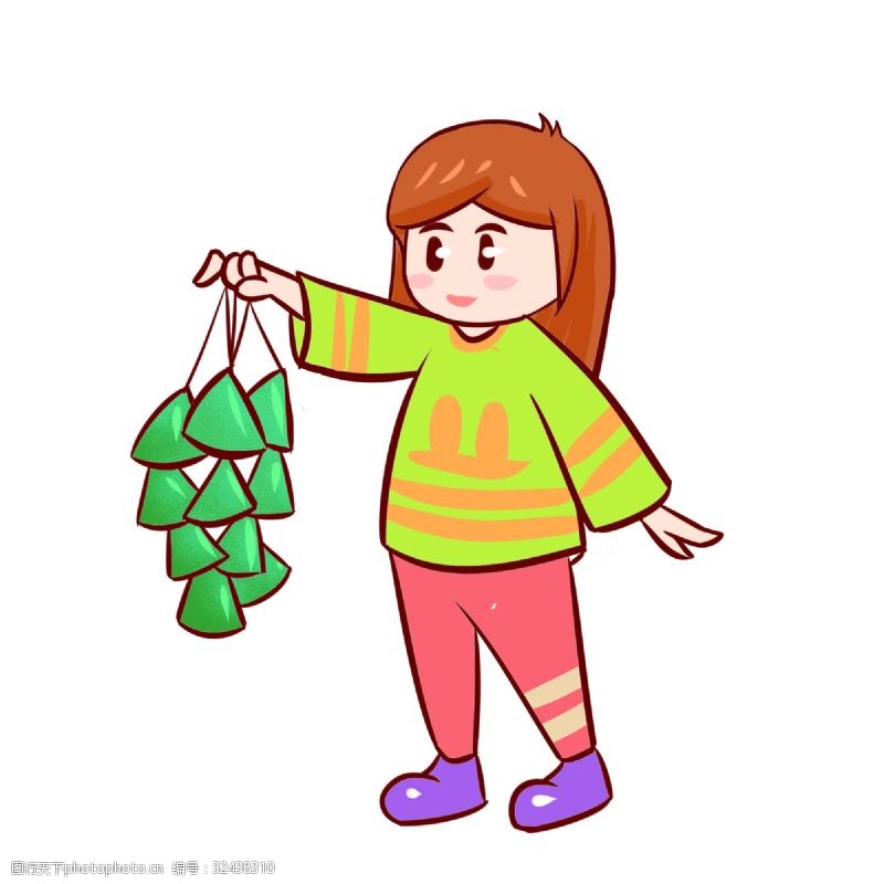 绿色的粽子粽子节拿着粽子的女孩手绘插画