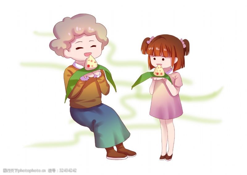 开心笑容端午节奶奶和孙女一起吃粽子