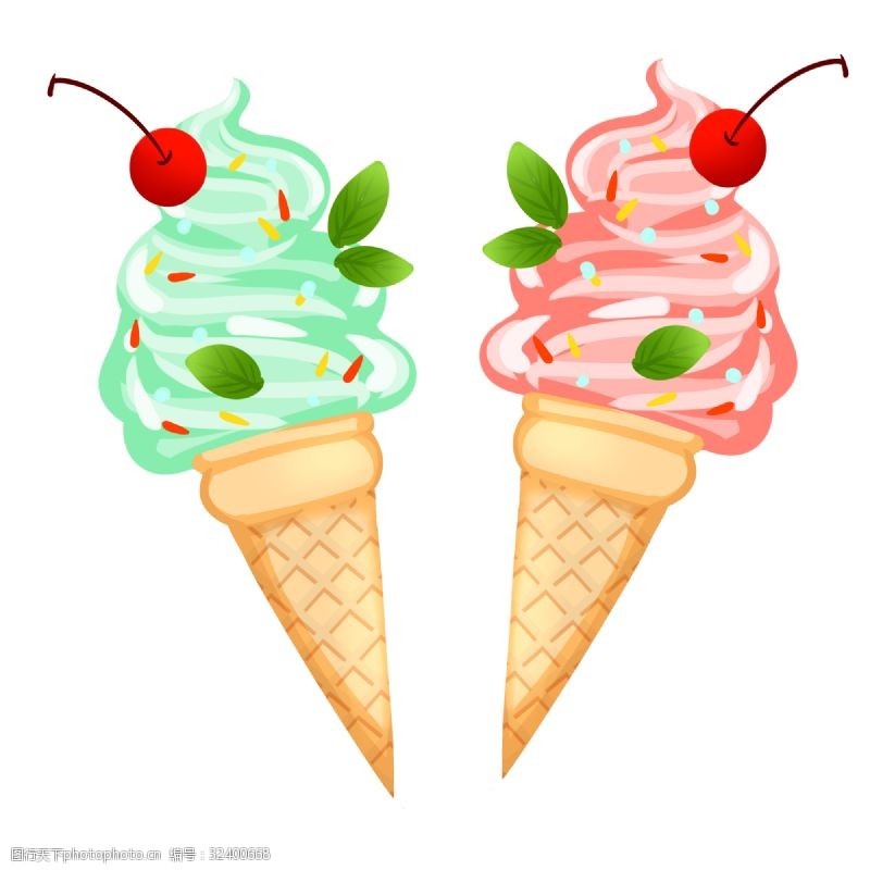 水彩手绘冰淇淋矢量图粉色冰淇淋