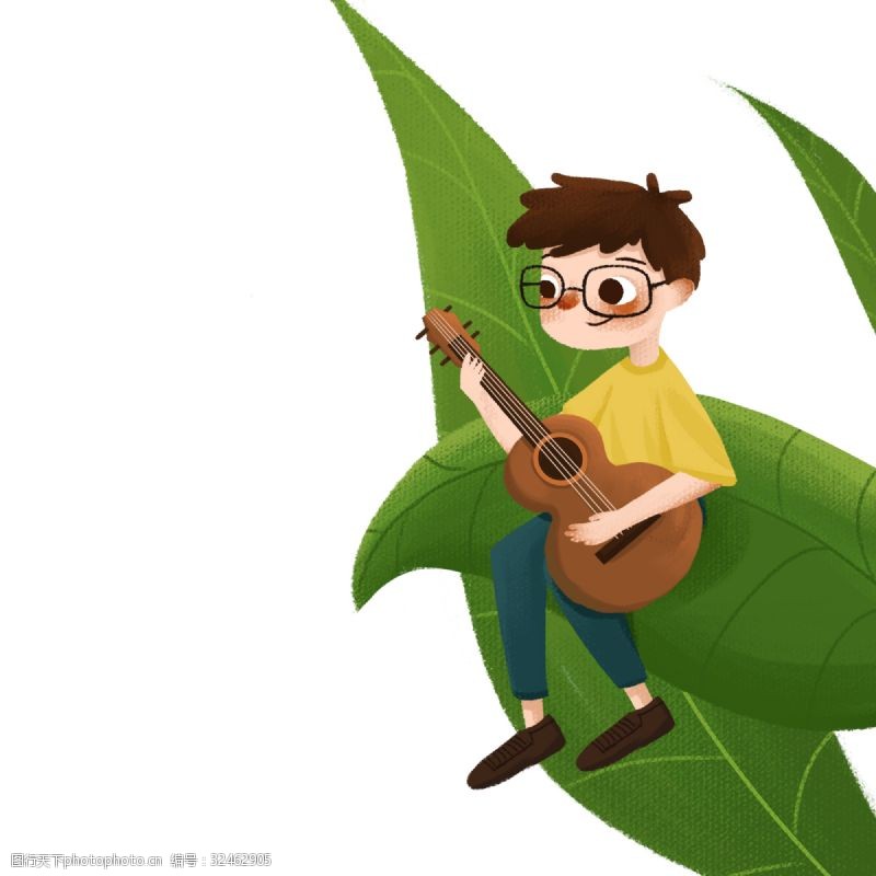 小提琴男孩小男孩坐在叶子上弹琴免抠图