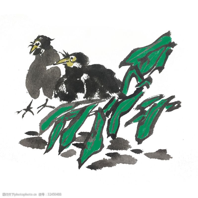 两只手中国风两只鸟儿手绘插画