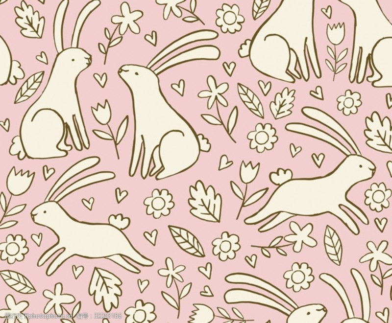 树叶心形粉色系可爱兔子涂鸦平铺图