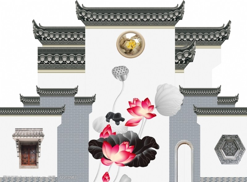 新中式徽派建筑荷花背景墙