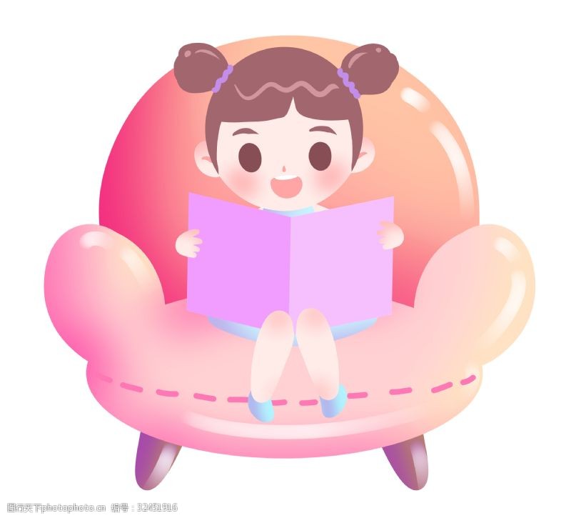 坐书本的小孩坐在沙发上读书的小女孩插画