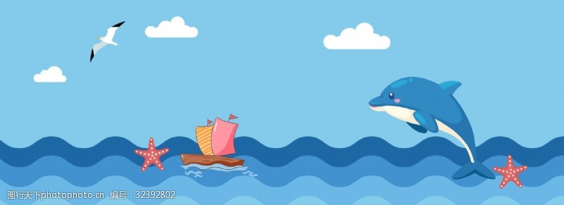 夏天文艺海边卡通海豚蓝色背景