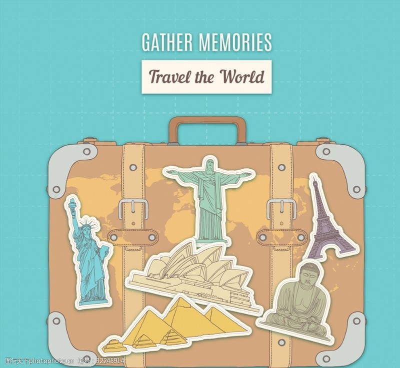 自由女神像彩绘贴满名胜贴纸的旅行箱