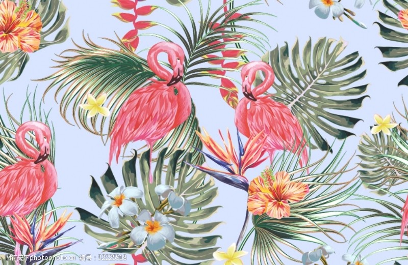 菠萝花纹火烈鸟椰树家纺平铺图