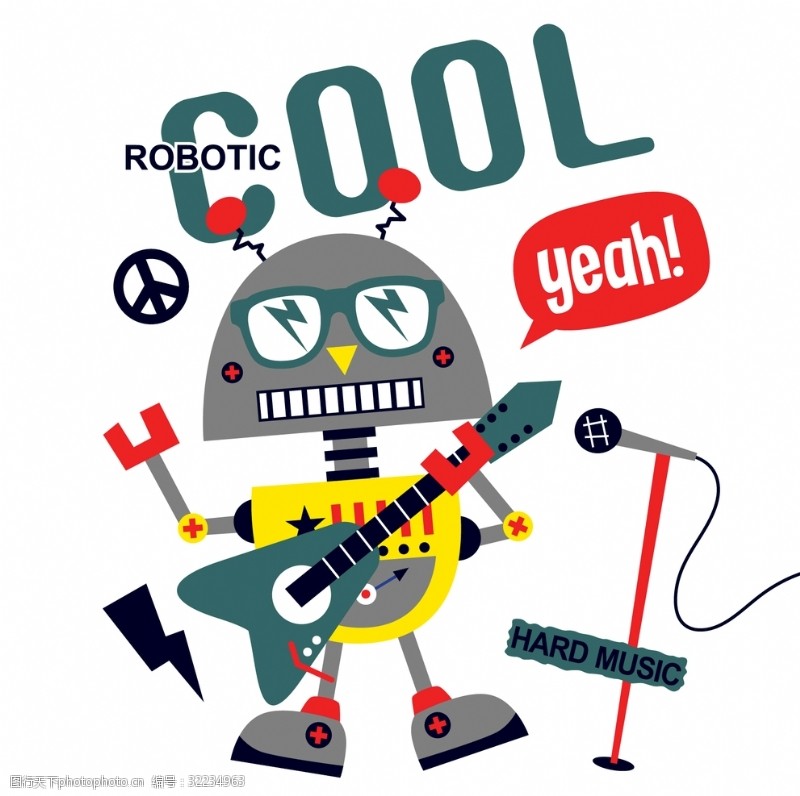 音乐男孩机器人音乐元素图案设计