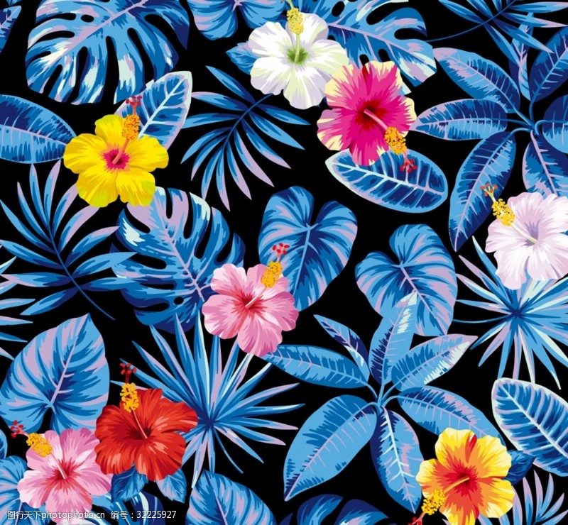 热带叶热带风格蓝色底家纺平铺图