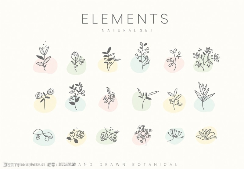 各种色系手绘植物元素集