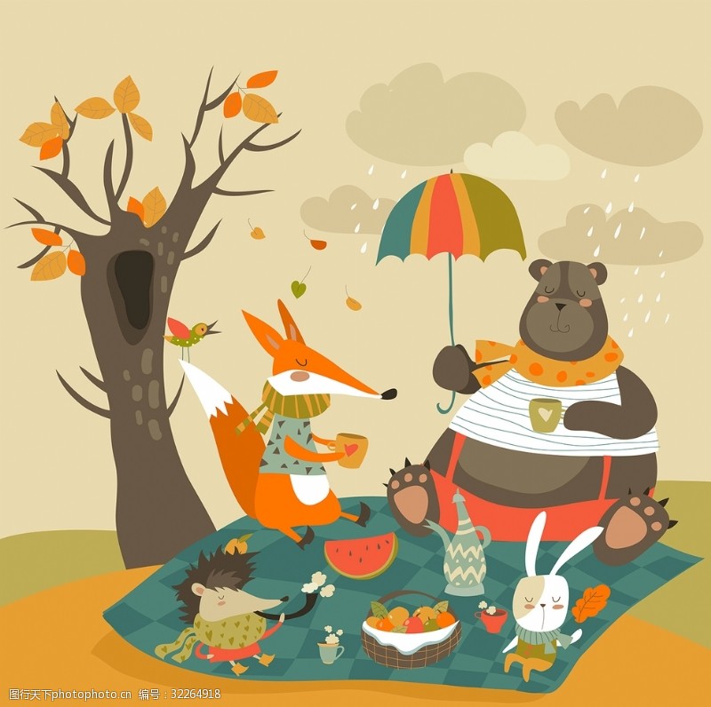 秋天插图卡通小动物野餐