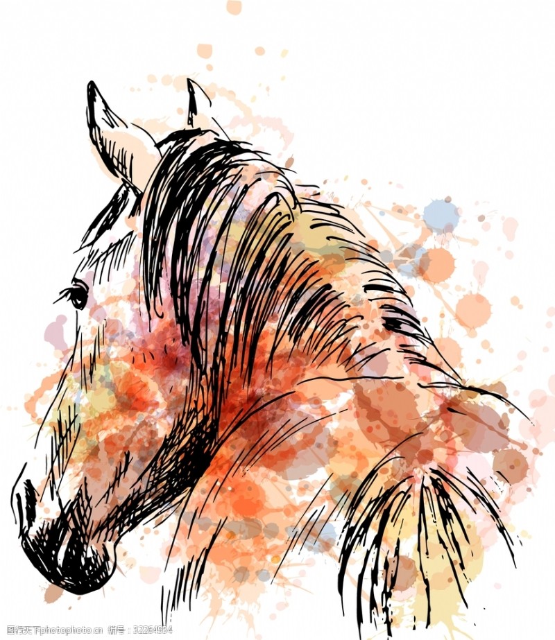 墨迹家居设计彩色喷绘线描马装饰图