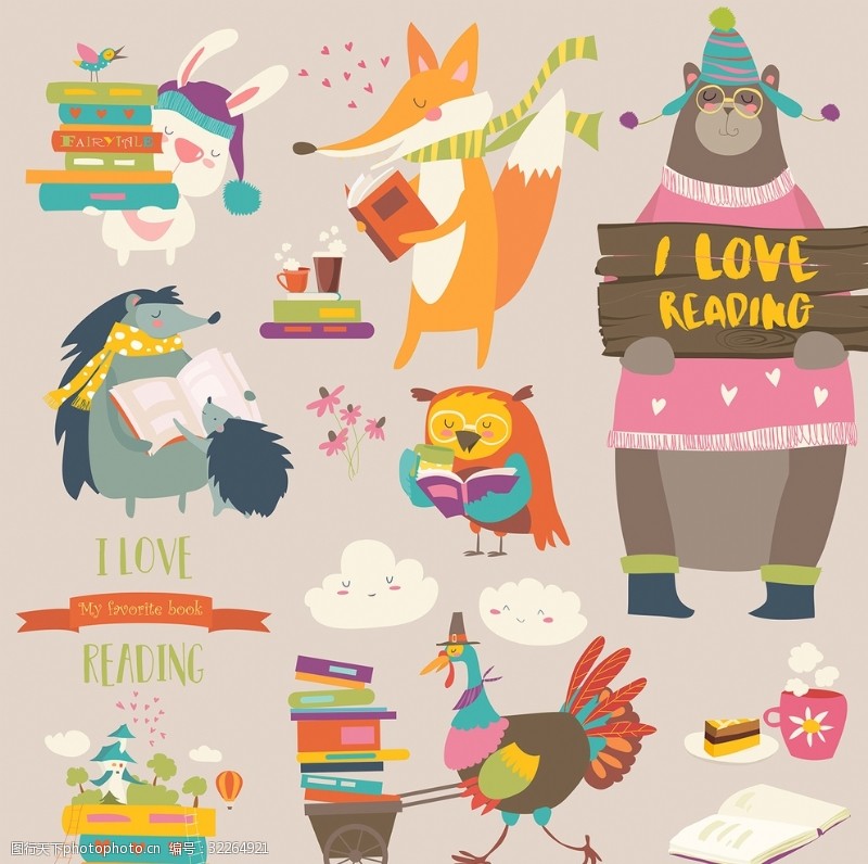 猫头鹰涂鸦可爱动物阅读书本儿童画