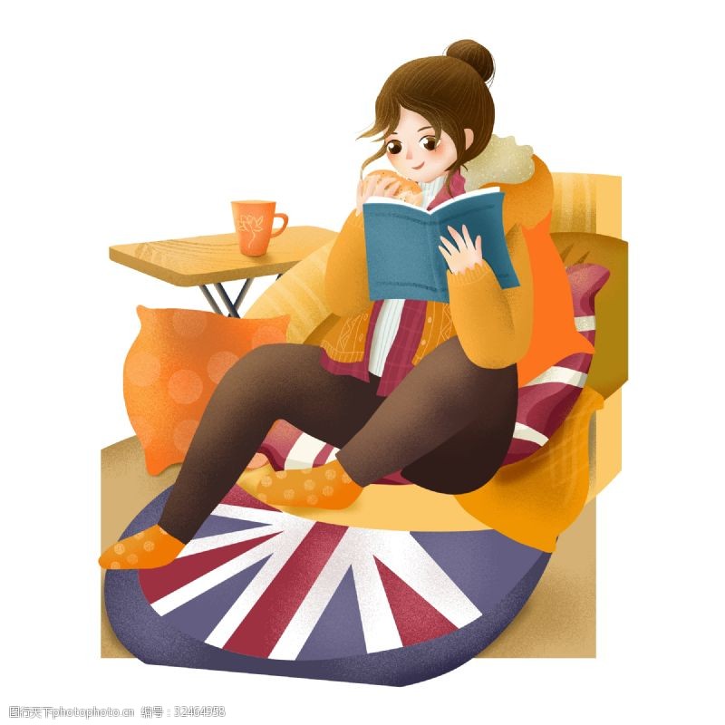 看图手绘卡通坐着看书的女孩元素