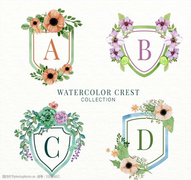 多彩字母4款彩色花卉装饰字母纹章