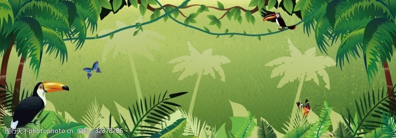 热带叶卡通动物森林背景手绘矢量图