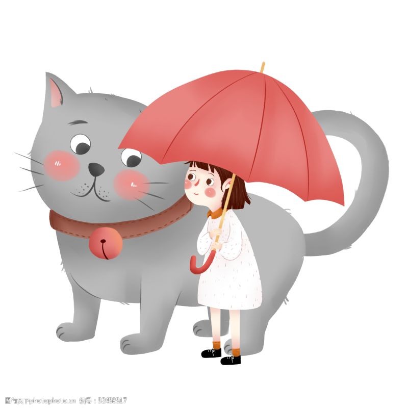 打伞人卡通可爱猫与打着红伞女孩元素