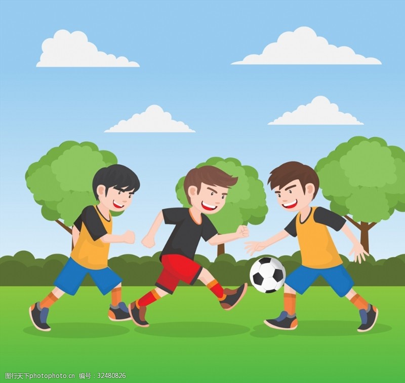 运动人物3个草地上踢足球的男孩