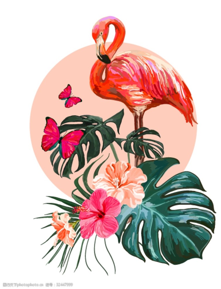 热带叶花朵火烈鸟图案设计