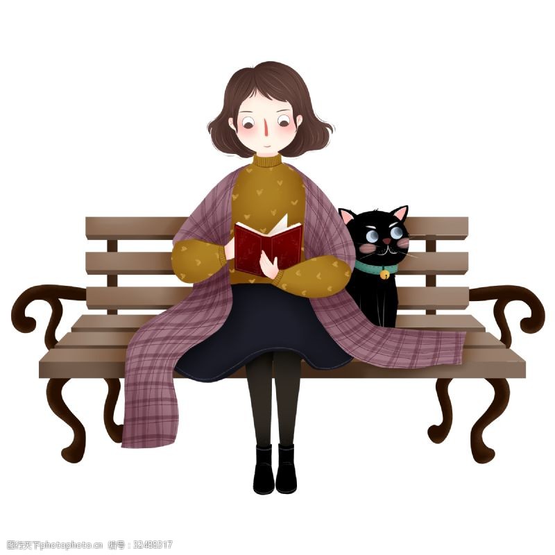 看图卡通可爱坐在长椅上看书的女孩元素