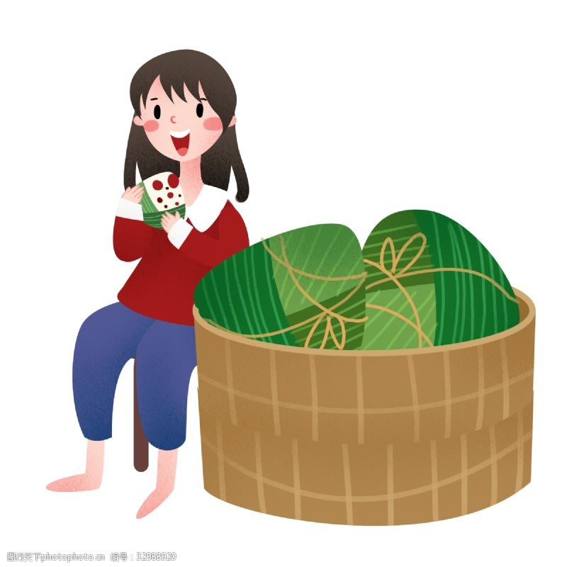 绿色的粽子吃粽子的小女孩插画