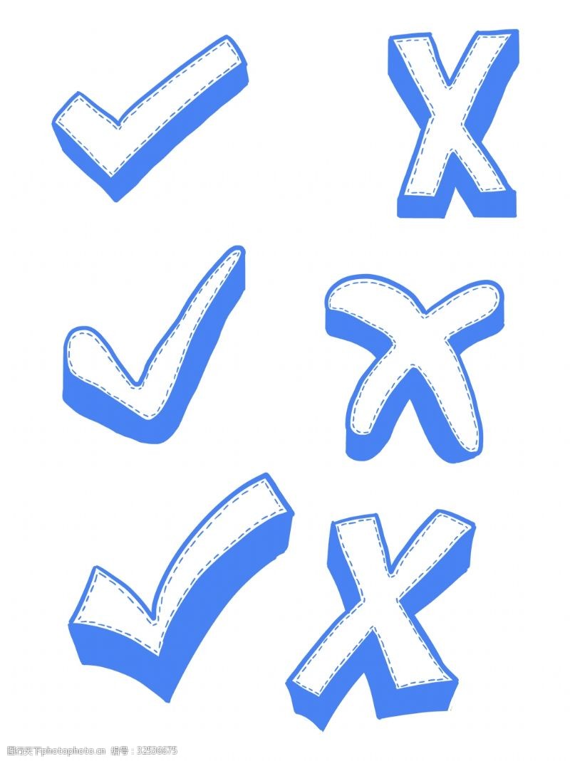叉叉对勾元素手绘蓝色阴影虚线边框对勾叉叉标签元素