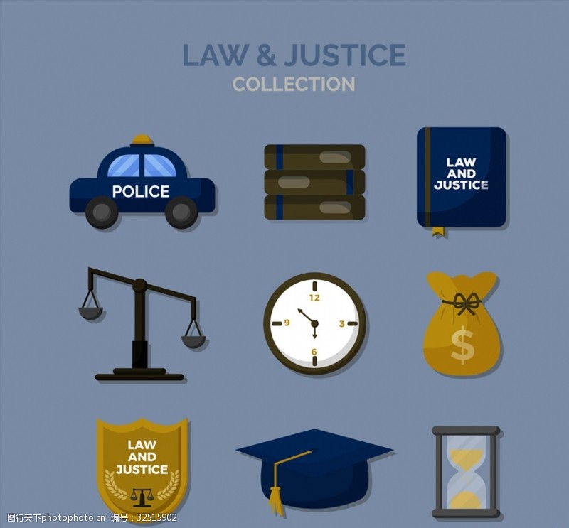 司法徽标9款精致法律元素图标