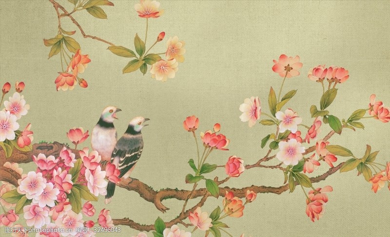 樱桃背景工笔花鸟背景墙