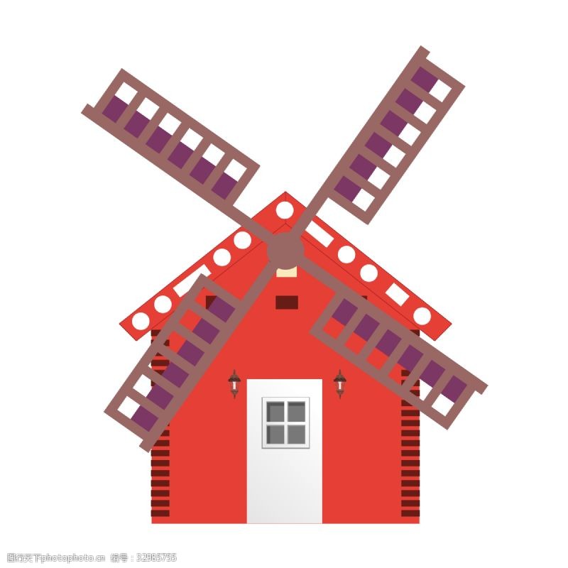 红色房子和大风车插画
