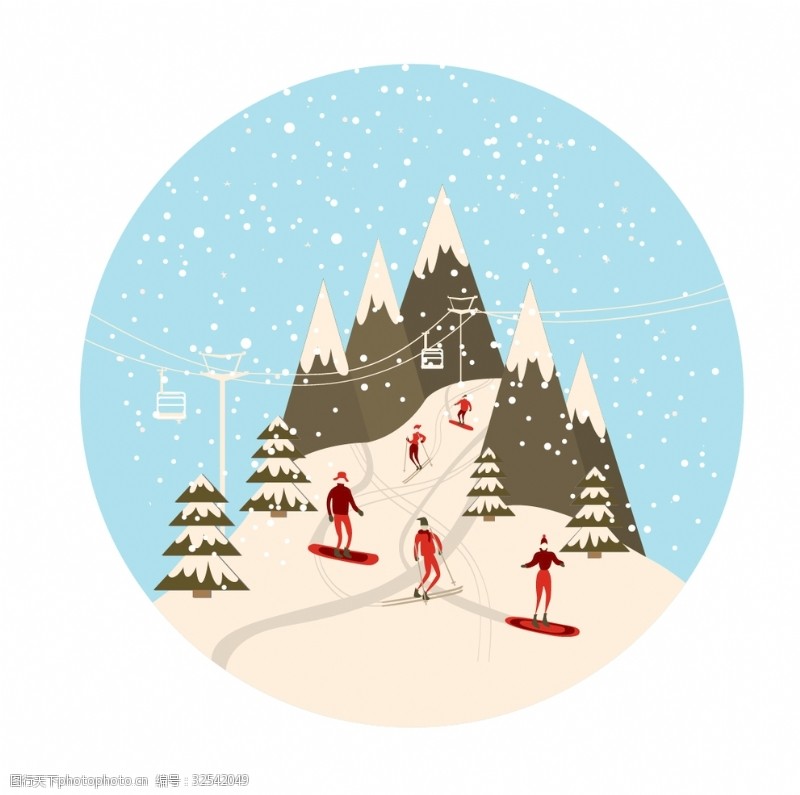 卡通冬天场景滑雪涂鸦小海报
