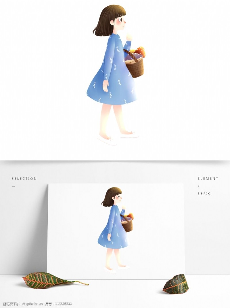 清新可爱采蘑菇的小女孩插画设计