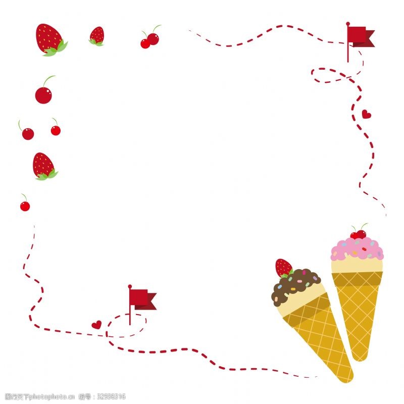 草莓冰淇淋夏日甜筒冰淇淋草莓樱桃寻宝边框矢量免抠
