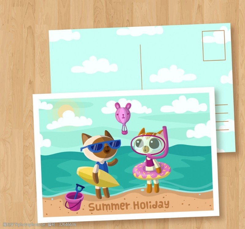 猫咪名片卡通夏季度假猫咪明信片