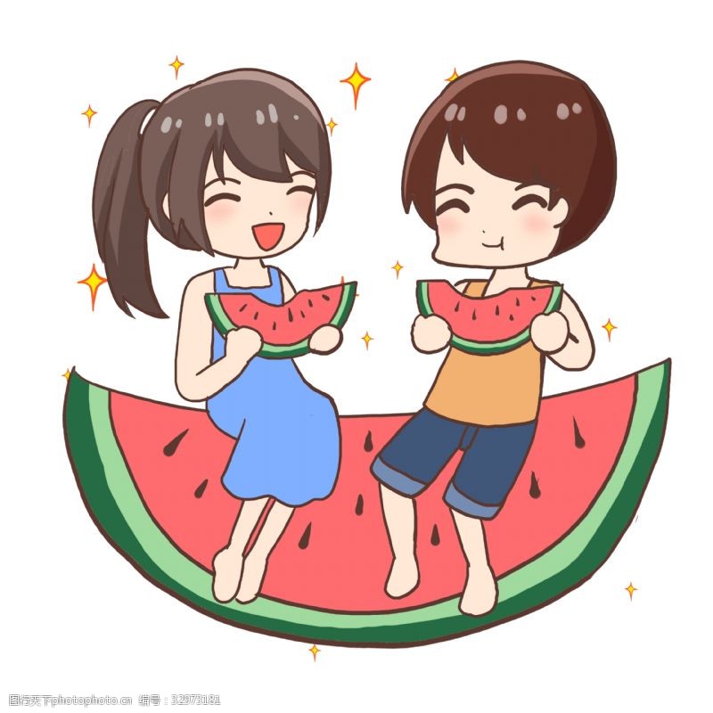 玩伴夏日炎热和伙伴吃西瓜