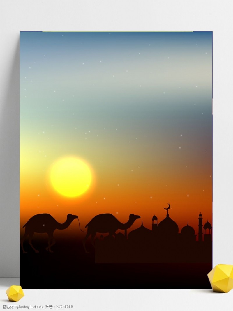 黄昏背景热带沙漠黄昏阳光骆驼城堡背景