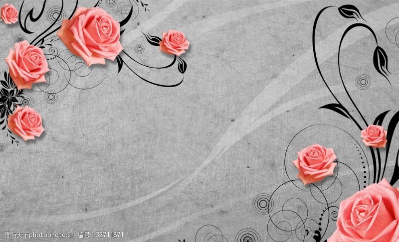 时尚灰色装饰画玫瑰花藤磨砂背景欧式立体背景墙