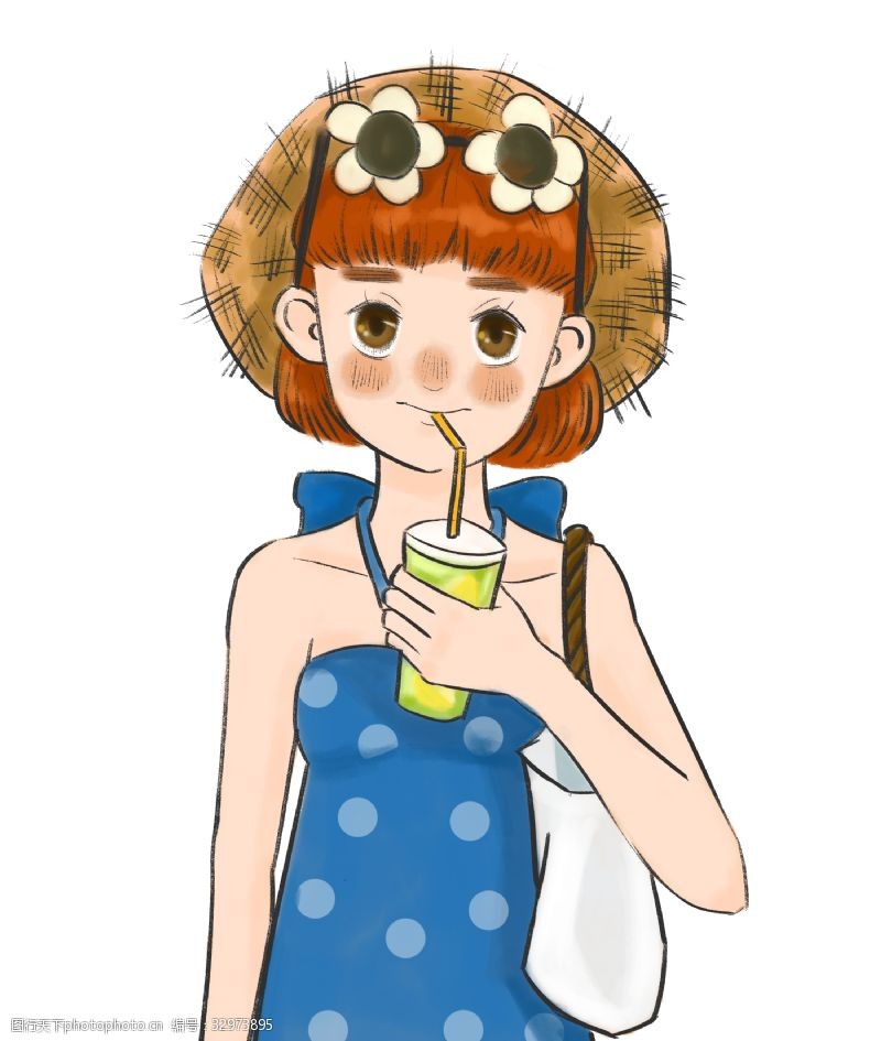 草帽女孩夏季喝果汁的女孩酷暑