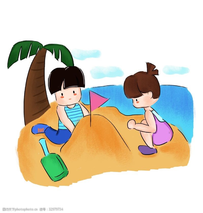 孩子的沙滩夏季沙滩玩沙子的孩子手绘免扣PNG