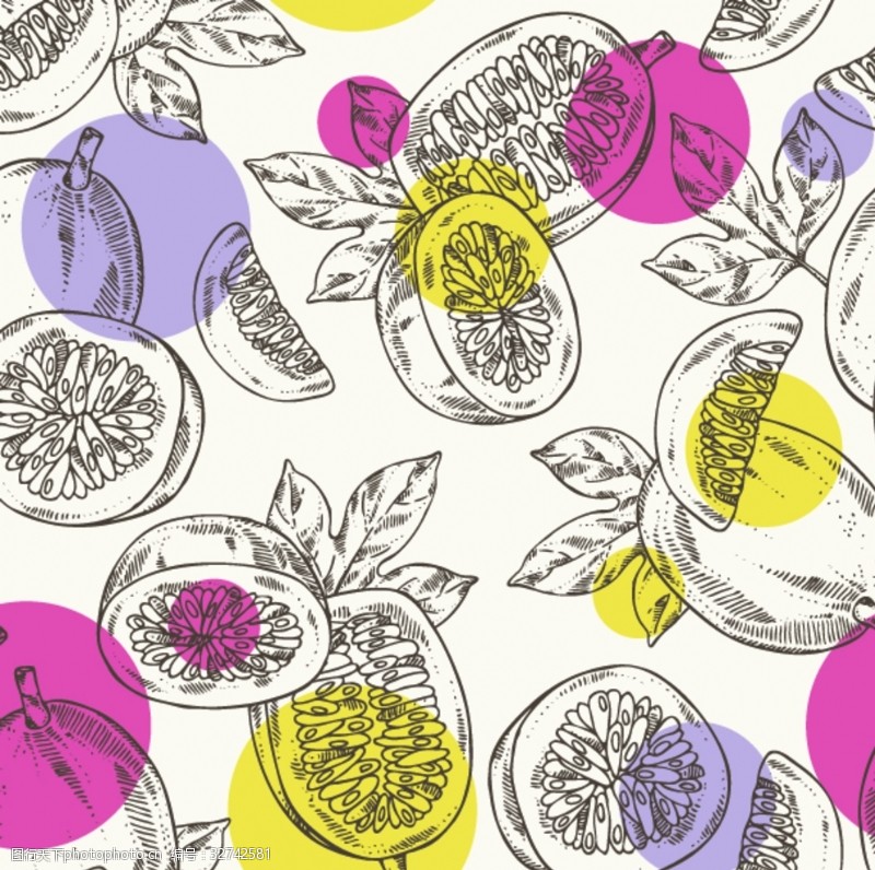 菠萝叶子无缝背景夏天元素水果线描素描手绘图