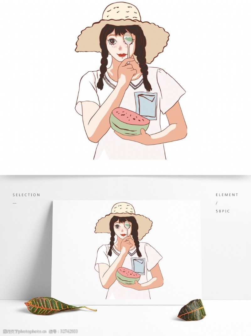 清新可爱吃西瓜的女孩子插画设计