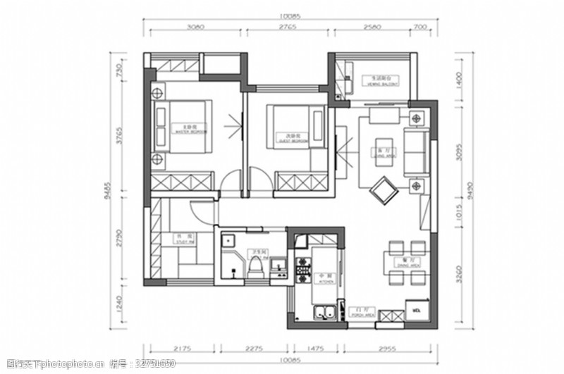 三房一厅户型三房住宅室内设计CAD平面方案