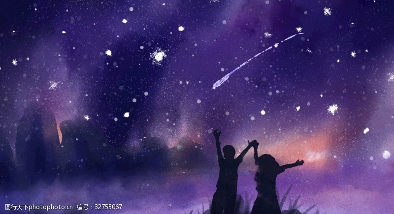 鲸鱼和女孩儿手绘紫色唯美星空插画